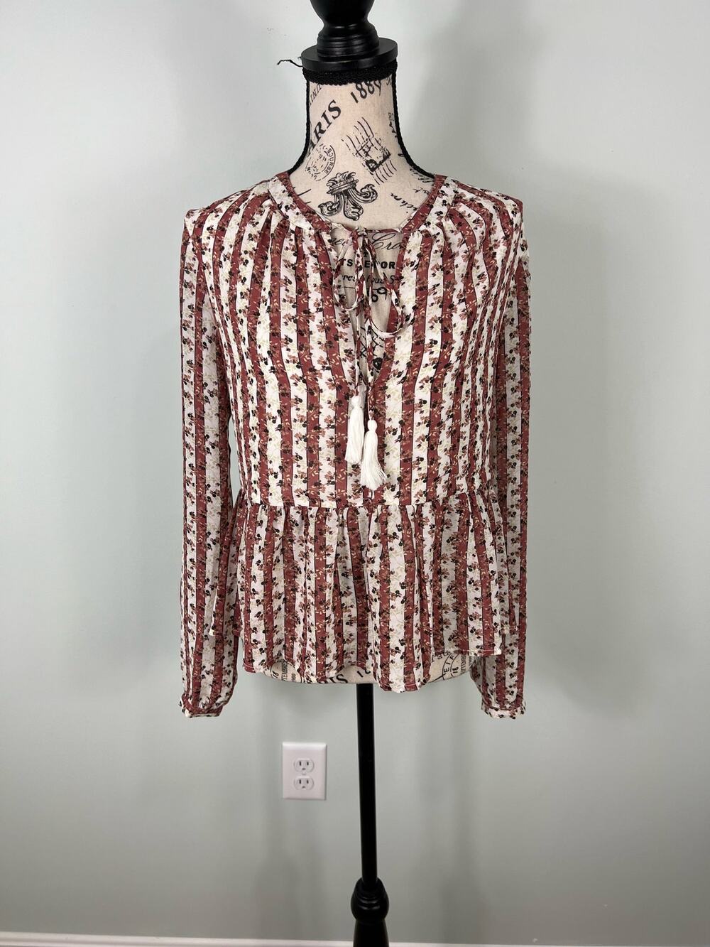 NWT Lost + Wonder Pink and white Striped Floral long sleeve Blouse